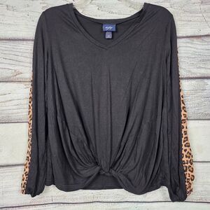 Daytrip Womens Black Leopard Sleeve Knot Top XS
